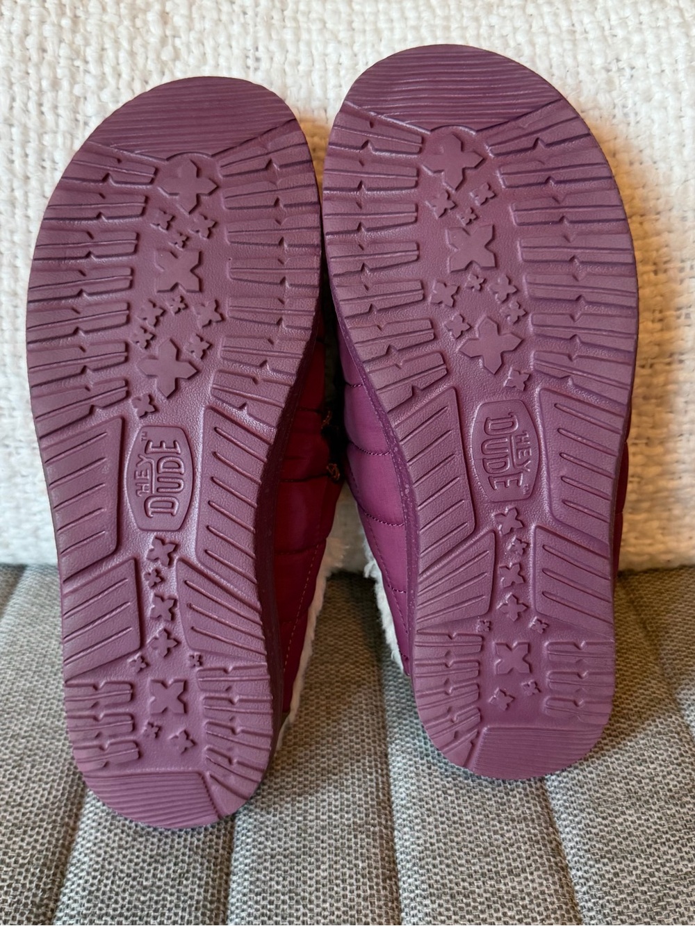 Hey Dude Burgundy Quilted Faux-Fur Lined Slip-Ons with Pink Logo - Picture 7 of 8